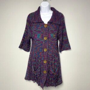 Wool Blend Purple Multi-colored 1/2 Sleeve Lagenlook Boho Cardigan Womens Size S